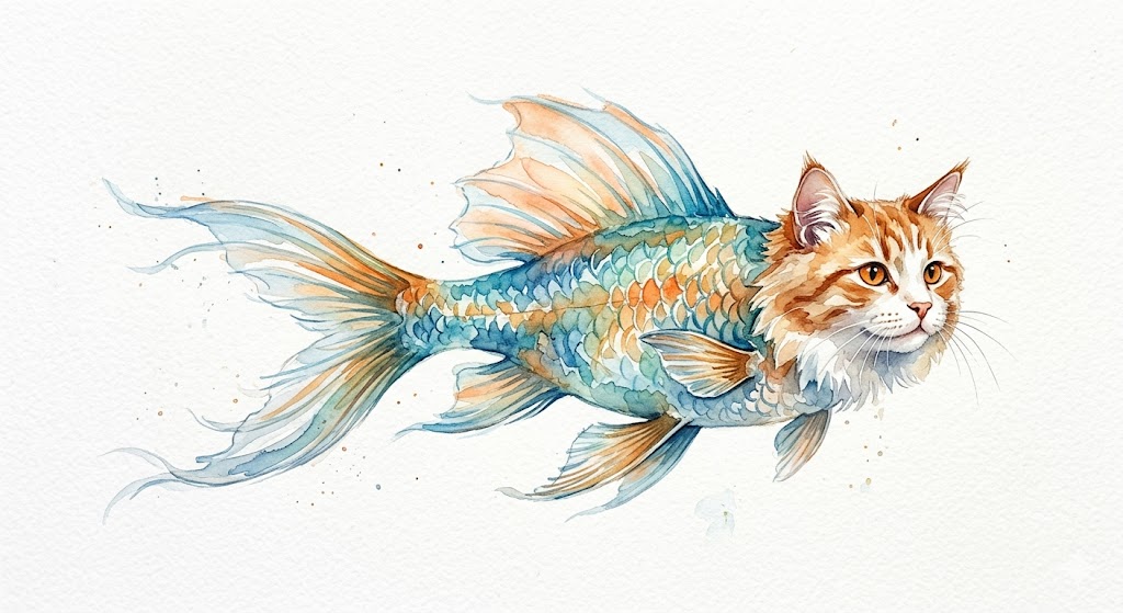 Chimeric object: un pesce e un gatto fusi — un oggetto impossibile che il cervello costruisce da pezzi del mondo